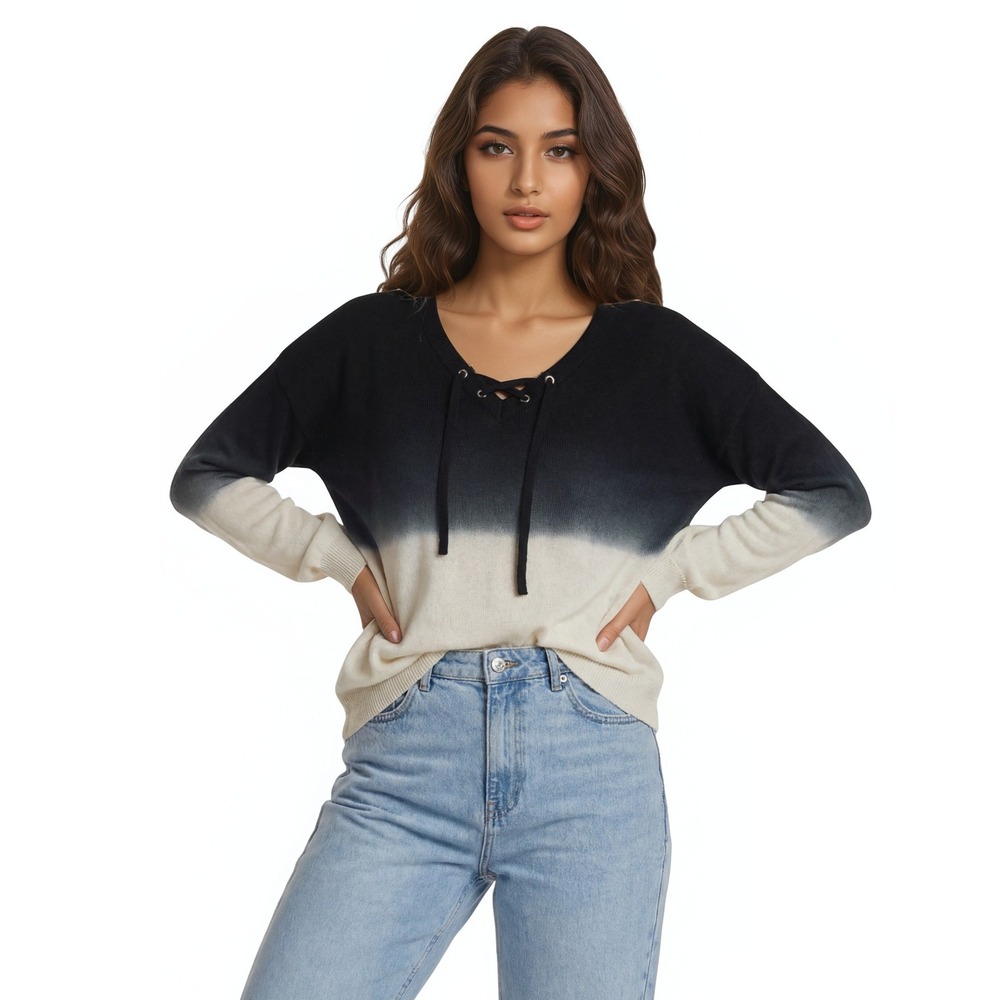 New Rock & Republic Sweater Women's Size Medium Black Gray Tie-Dye Ombre Lace-Up